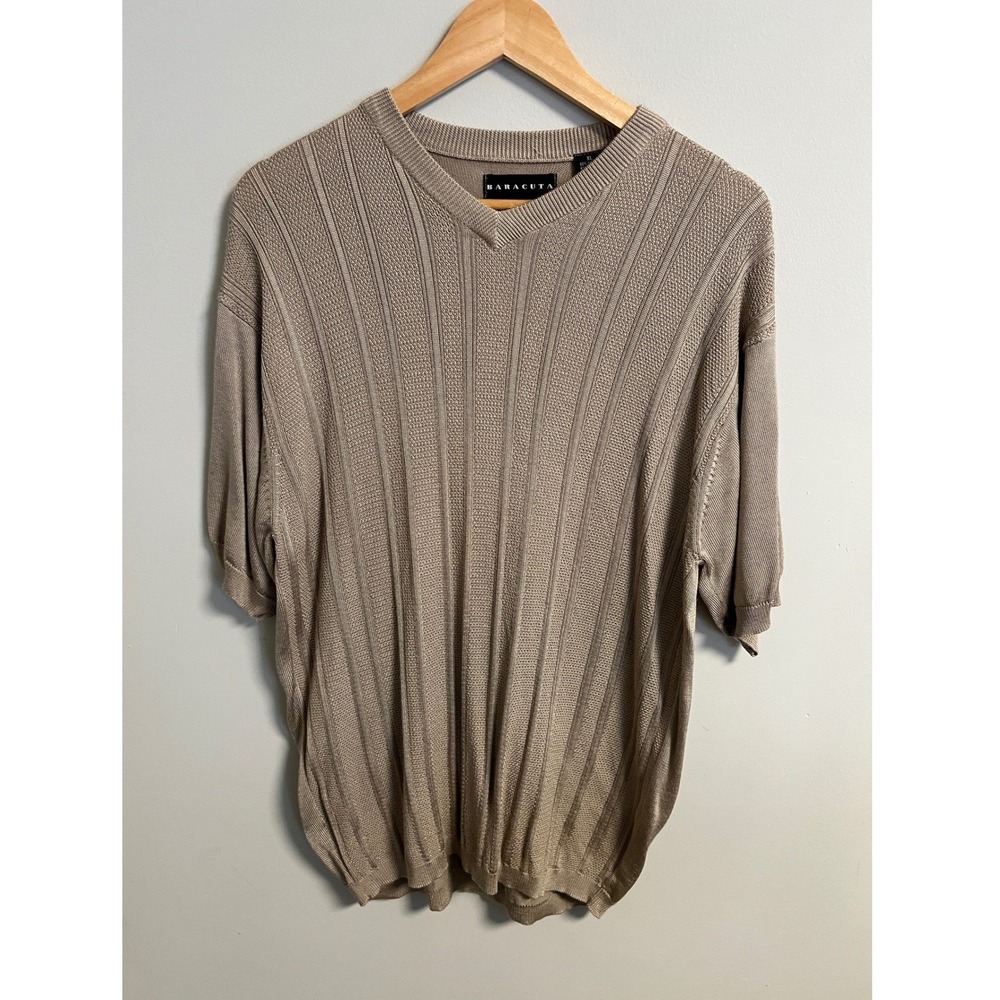 Baracuta XL Knit V-Neck Shirt Ribbed Short Sleeve Tan Beige Vintage Style